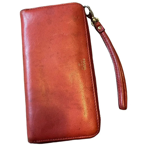 Fossil Leather Wallet Clutch Zip Around Organizer Card Slot Lady Wallet Orange - Picture 1 of 7